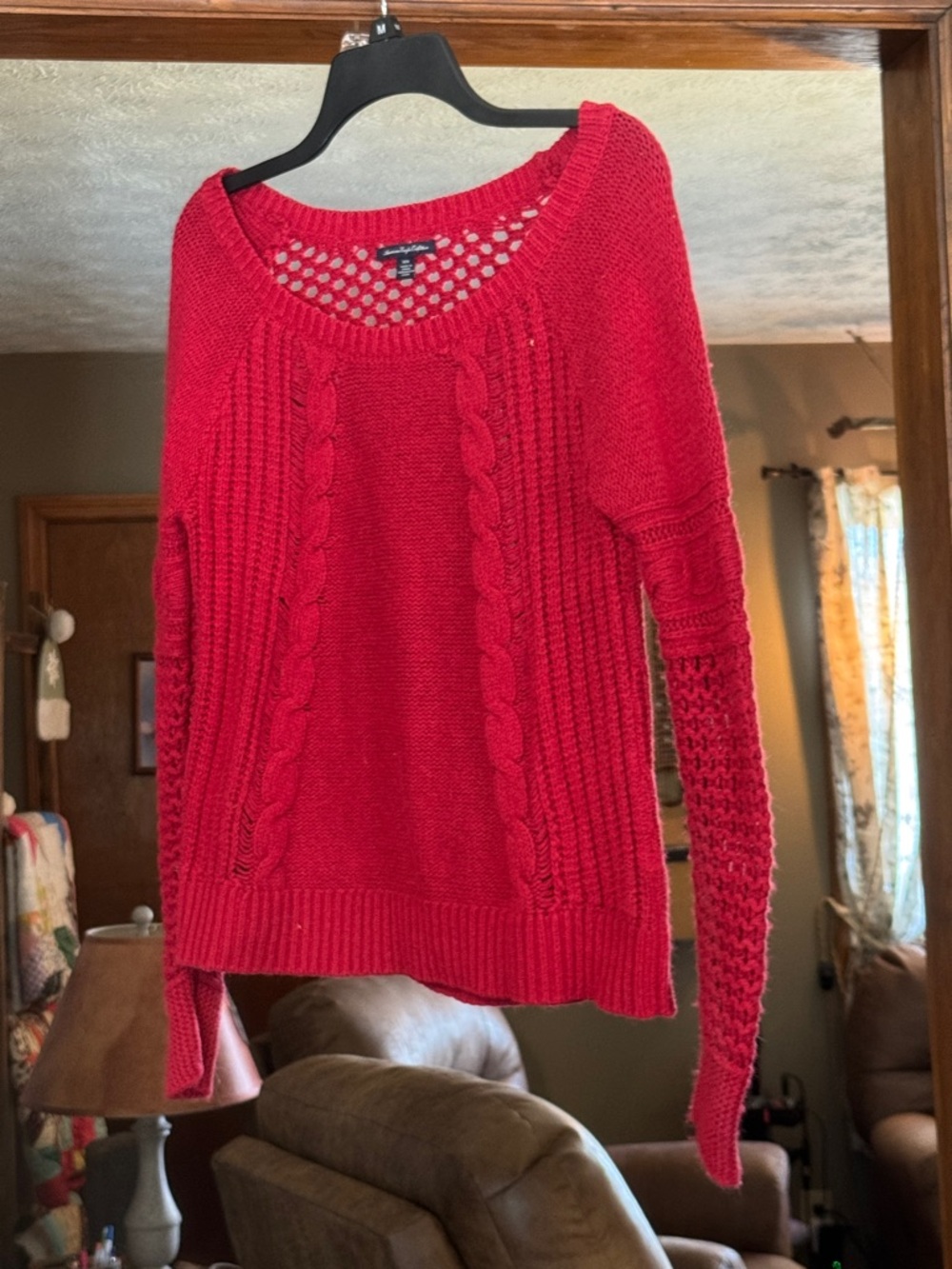 American Eagle Outfitters Red Cable-Knit Scoop Neck Sweater